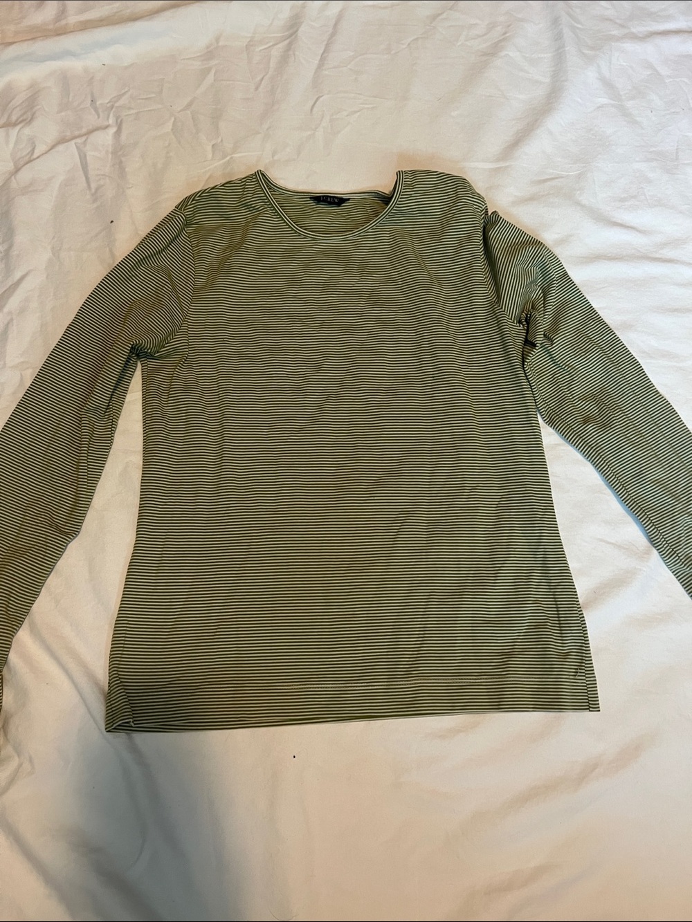 J. Crew Olive Green and White Striped Crewneck Top